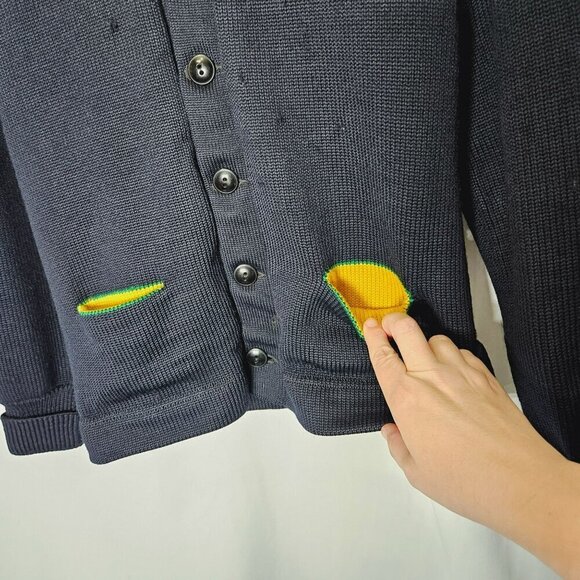 Vintage Men's Navy Lettermans Cardigan Sweater Yellow Stripes Pockets Flawed S - Picture 7 of 11
